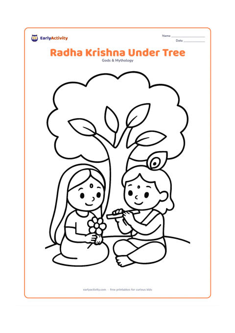 Colouring page: Draw Radha and Krishna sitting together beneath a broad tree, with Krishna holding his flute and Radha holding one flower. Include a few large leaves and a simple curved ground line.