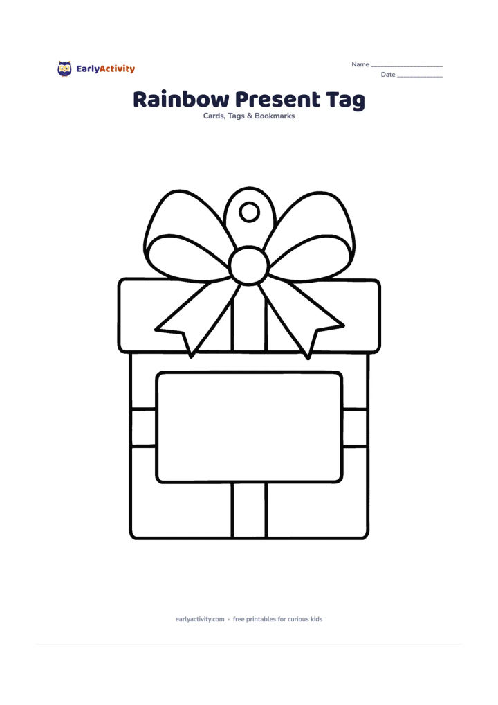 Worksheet: Draw a present-shaped gift tag with a large bow, broad vertical and horizontal ribbon bands, and a blank rectangular panel in the centre. Add a small punched hole above the bow.