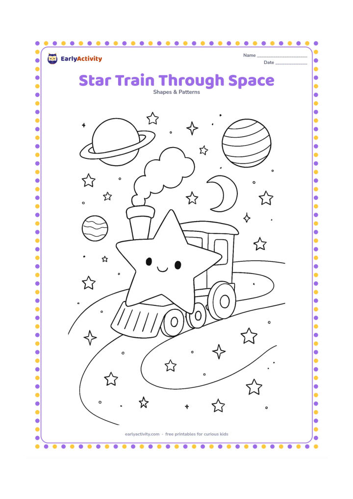 Colouring page: A whimsical train shaped with a large five-point star travels through open space, passing planets, a crescent moon, dot stars and gentle swirling paths.