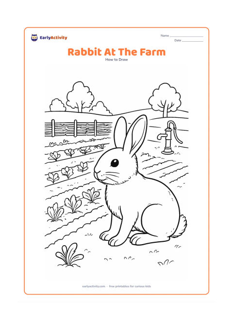 Worksheet: Show a rabbit sitting near a vegetable farm with rows of plants, a woven fence, a small hand water pump and distant trees. Give the rabbit detailed fur tufts, whiskers, paws and a…