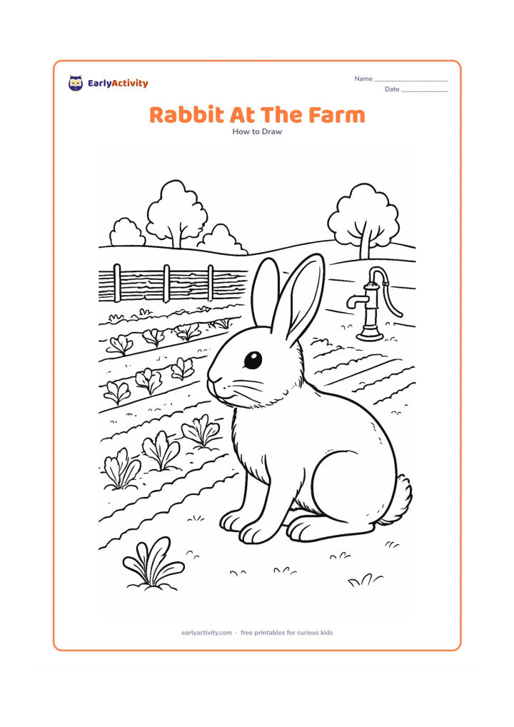 Worksheet: Show a rabbit sitting near a vegetable farm with rows of plants, a woven fence, a small hand water pump and distant trees. Give the rabbit detailed fur tufts, whiskers, paws and a…