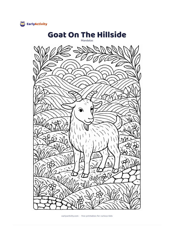 Colouring page: Place a friendly goat standing on a terraced hillside in the centre. Surround it with repeating mountain curves, grasses, small flowers, stone wall patterns, leafy branches, and a few…