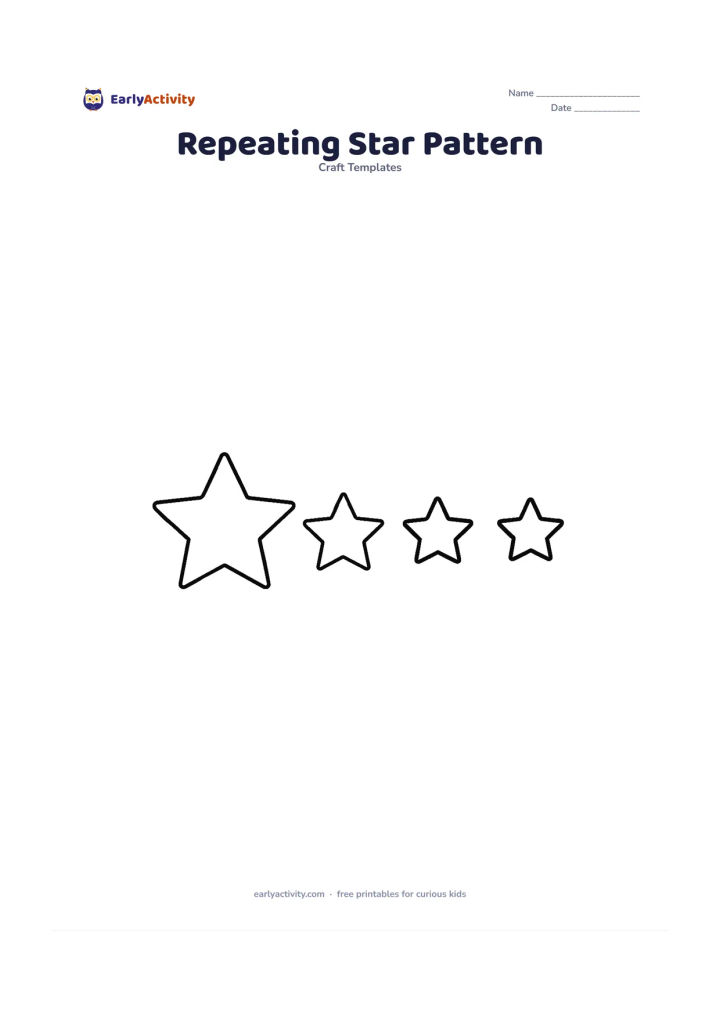 Worksheet: Draw a horizontal strip containing alternating large and small blank star outlines, with generous gaps between them for children to continue or rearrange the pattern. Keep the strip free…