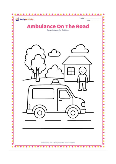 Colouring page: Draw an ambulance travelling on a straight road toward a small clinic, with a roof light and a plain blank side panel. Add trees and a waiting adult figure, but no medical letters or…