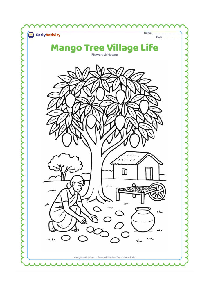 Colouring page: Draw a large mango tree shading an Indian village scene with a person gathering fallen mangoes, a charpai, a handcart, a clay pot, and a simple mud house beyond. Include detailed…
