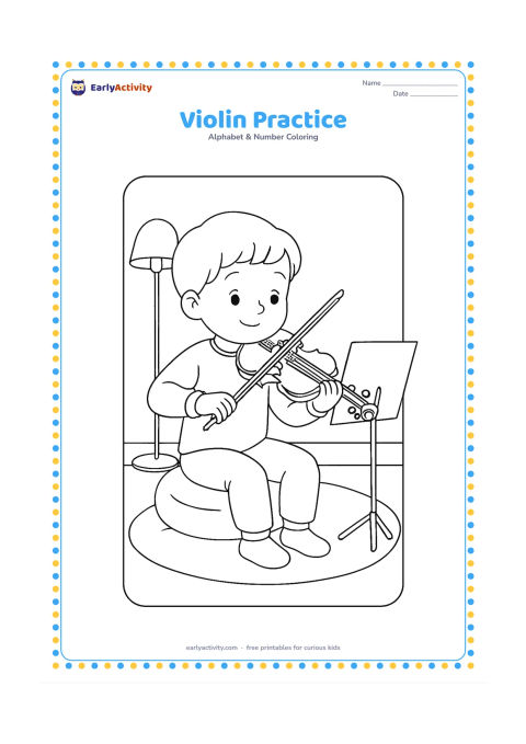 Colouring page: Draw a child seated on a cushion, holding a violin and bow in playing position. Add a music stand with blank paper, a small rug, and a lamp in the room.