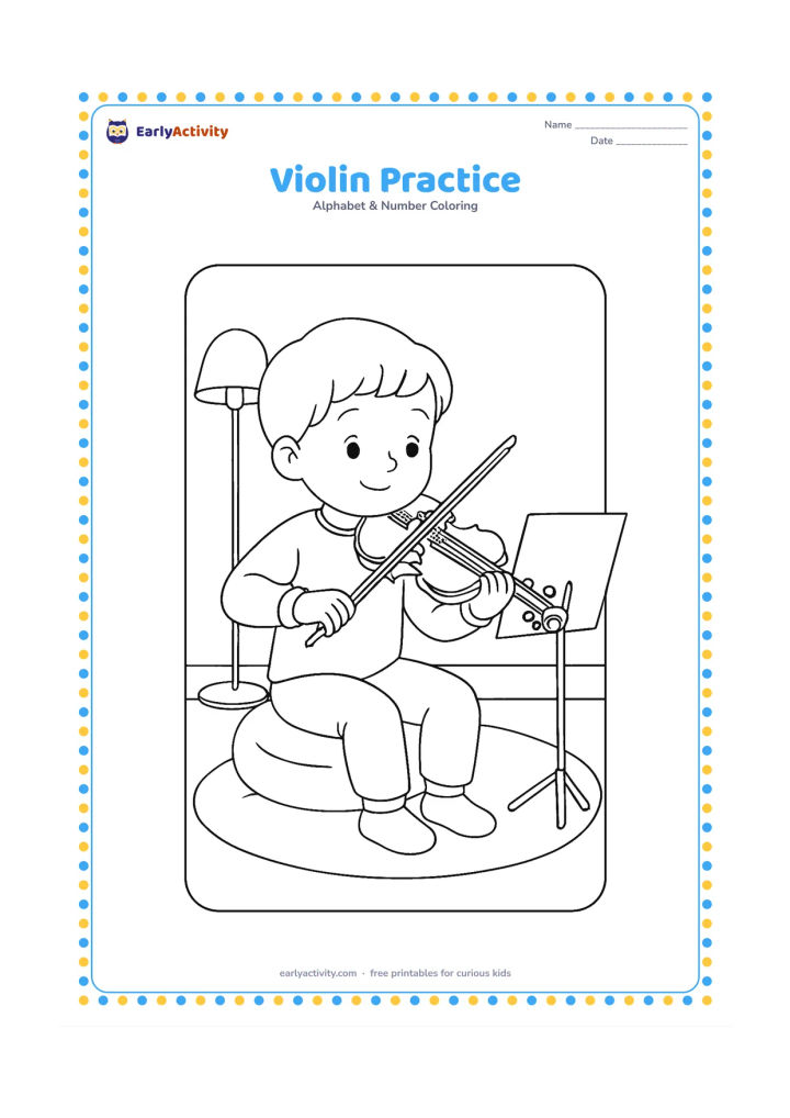 Colouring page: Draw a child seated on a cushion, holding a violin and bow in playing position. Add a music stand with blank paper, a small rug, and a lamp in the room.