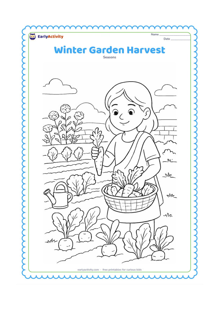 Colouring page: A child gathers winter vegetables in an Indian kitchen garden, placing carrots and leafy greens into a basket. Include garden rows, a watering can, marigold plants, a low wall and a hazy…