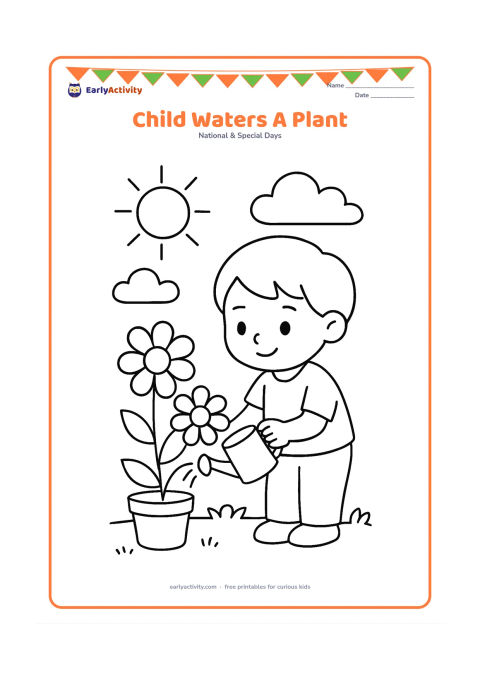Colouring page: Draw a young child using a small watering can on a leafy potted plant. Include two large flowers, a simple garden patch and a sun with a few clouds.