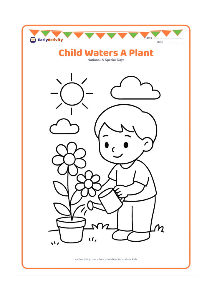 Colouring page: Draw a young child using a small watering can on a leafy potted plant. Include two large flowers, a simple garden patch and a sun with a few clouds.