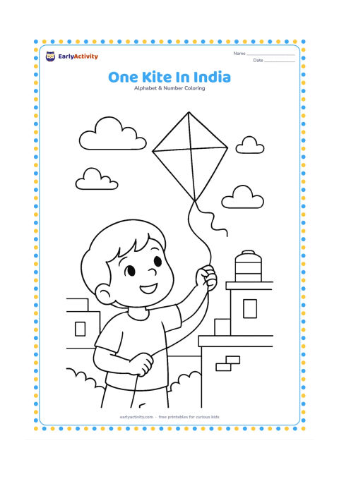 Colouring page: Draw one diamond-shaped kite flying above a child in a simple Indian neighbourhood, with a low rooftop, a distant water tank and a few clouds. Keep the kite tail short and uncluttered.