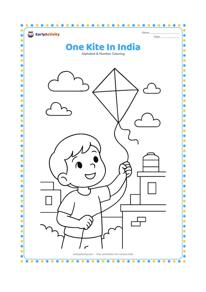 Colouring page: Draw one diamond-shaped kite flying above a child in a simple Indian neighbourhood, with a low rooftop, a distant water tank and a few clouds. Keep the kite tail short and uncluttered.