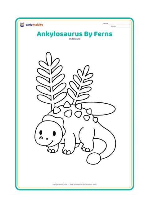Colouring page: A friendly Ankylosaurus rests beside three oversized fern fronds, with its head facing the viewer and its tail curling to one side. Add a simple oval pond behind it.
