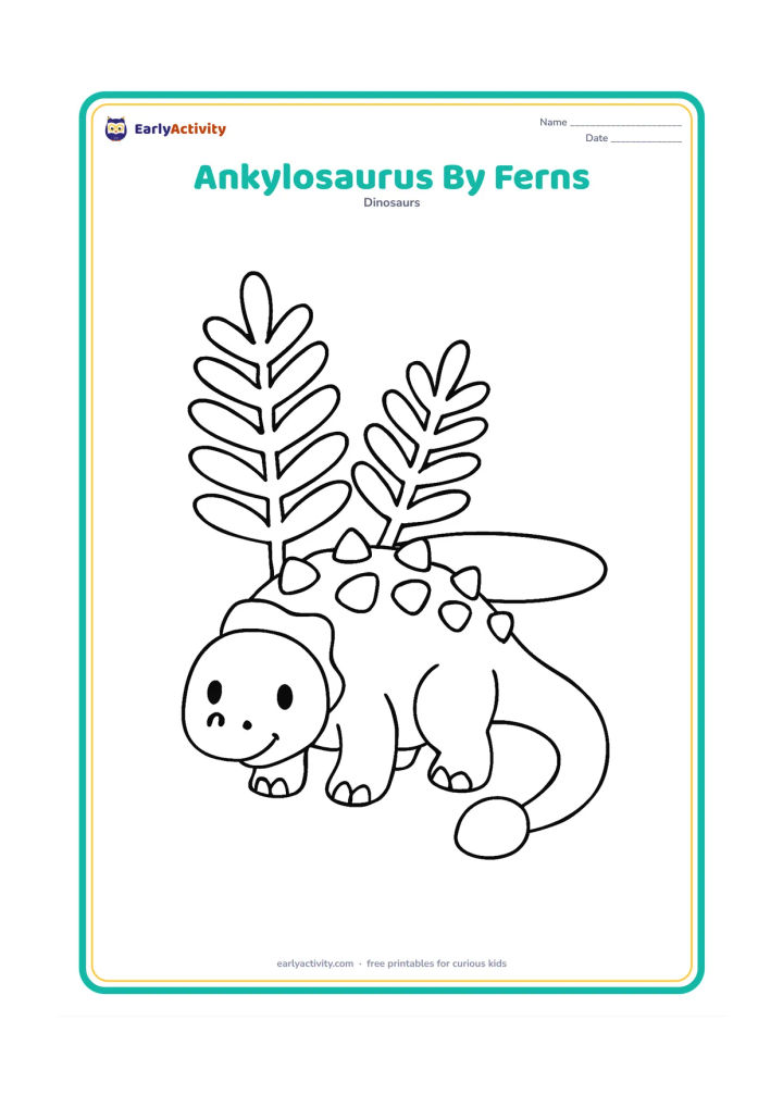 Colouring page: A friendly Ankylosaurus rests beside three oversized fern fronds, with its head facing the viewer and its tail curling to one side. Add a simple oval pond behind it.