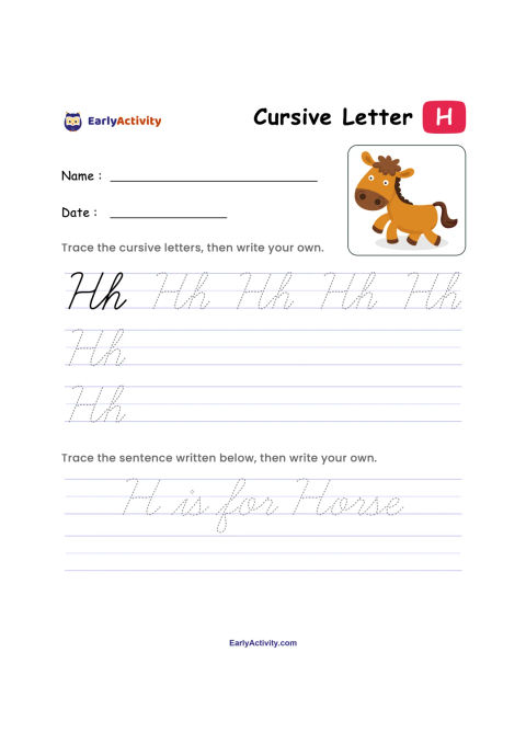 Worksheet for practising cursive uppercase and lowercase H, with tracing lines, writing lines, and a small animal illustration.
