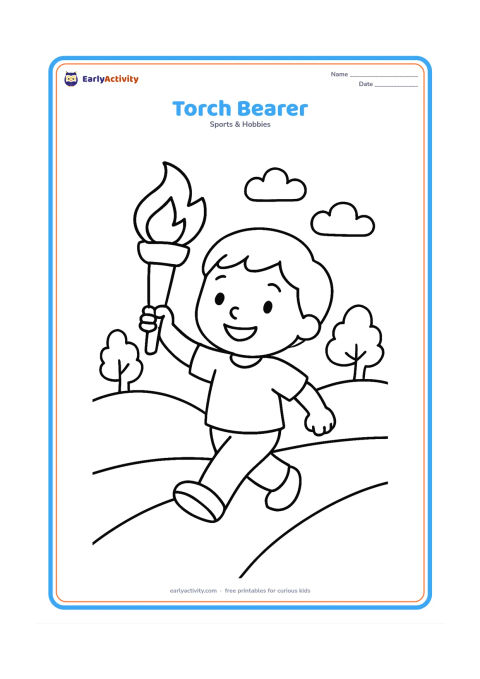 Colouring page: A smiling child holds an Olympic torch high while walking along a path, with simple clouds, hills and a few cheering trees behind. Include a small flame with a clear outer shape.
