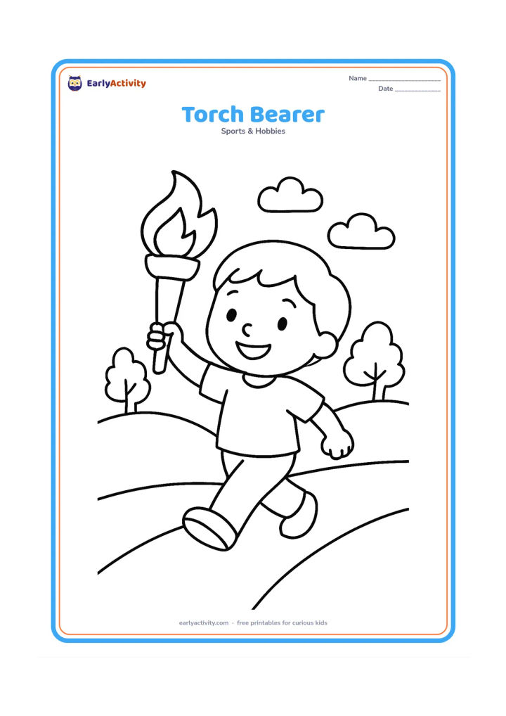 Colouring page: A smiling child holds an Olympic torch high while walking along a path, with simple clouds, hills and a few cheering trees behind. Include a small flame with a clear outer shape.