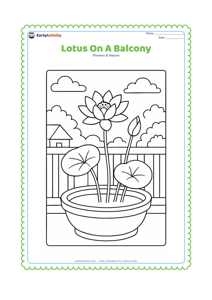 Colouring page: Draw a lotus growing in a wide planter on an Indian home balcony, with two round leaves and a small view of rooftops and trees beyond the railing. Show one open flower and one bud.