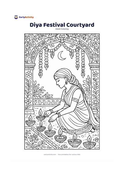 Colouring page: Draw a woman arranging a row of diyas around a courtyard threshold at evening, with marigold garlands, flower patterns, a low wall, leafy plants, and a calm crescent moon. Include…