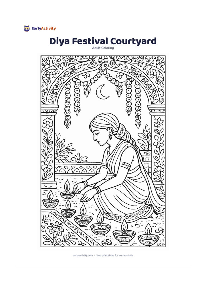 Colouring page: Draw a woman arranging a row of diyas around a courtyard threshold at evening, with marigold garlands, flower patterns, a low wall, leafy plants, and a calm crescent moon. Include…