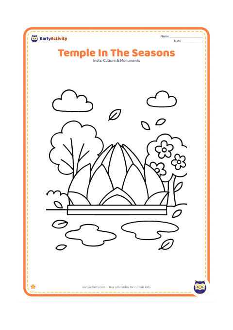 Colouring page: Show the Lotus Temple in a simple garden with one leafy tree, one flowering tree, a few falling leaves, and a small puddle suggesting changing seasons. Keep all seasonal details large…