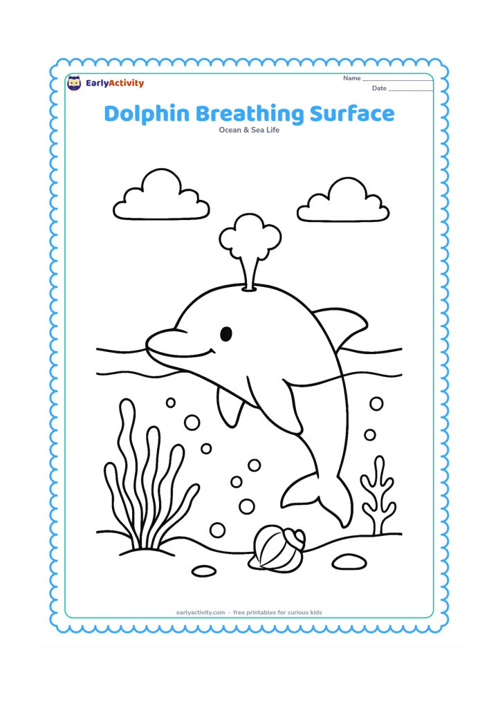 Colouring page: Draw a dolphin surfacing with its blowhole visible above the waterline and a small puff-like spray rising from it. Include underwater sea plants, a shell, and several bubbles below the…