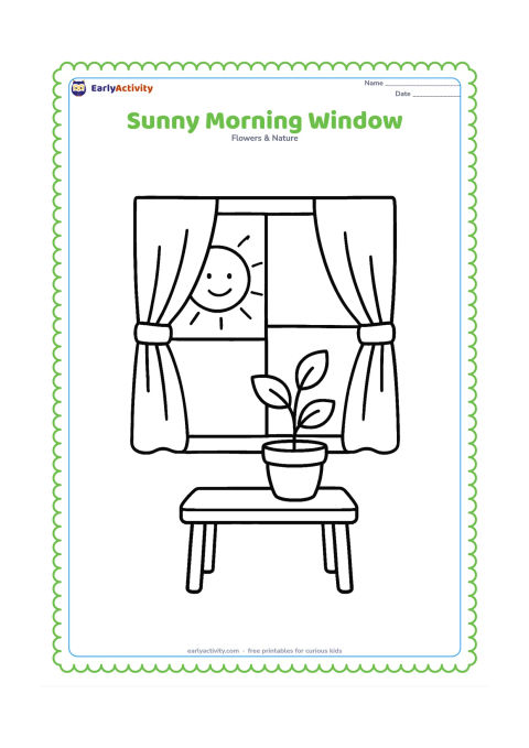 Colouring page: Draw a large sun shining through a simple rectangular window, with two curtains, a potted plant and a small table beneath it. Use clear, wide shapes.