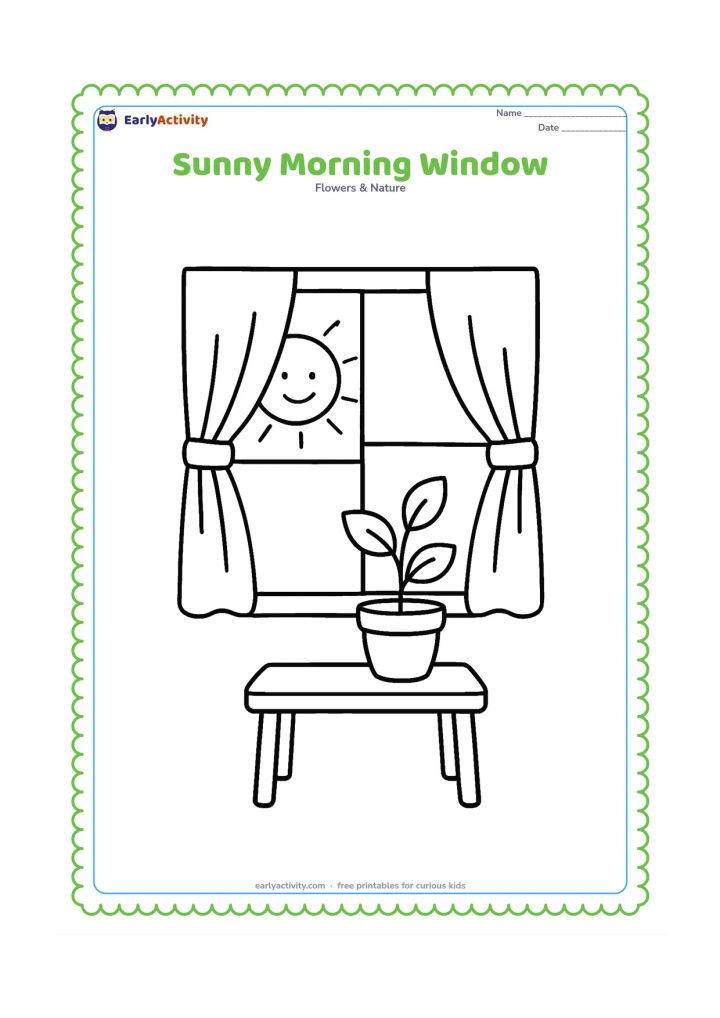 Colouring page: Draw a large sun shining through a simple rectangular window, with two curtains, a potted plant and a small table beneath it. Use clear, wide shapes.