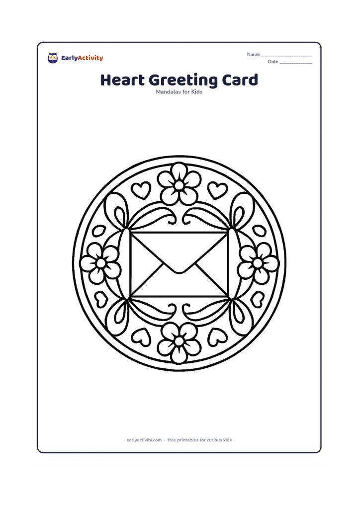 Colouring page: Draw a medium-detail circular mandala with a central heart-shaped envelope, folded ribbon loops, flowers, and small hearts repeating around it. Leave the envelope completely blank.