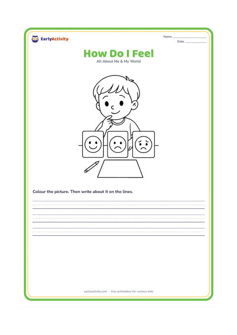 Worksheet: A child sits at a table choosing between three large blank face cards showing happy, sad and worried expressions. Add a pencil and an empty worksheet area on the table.