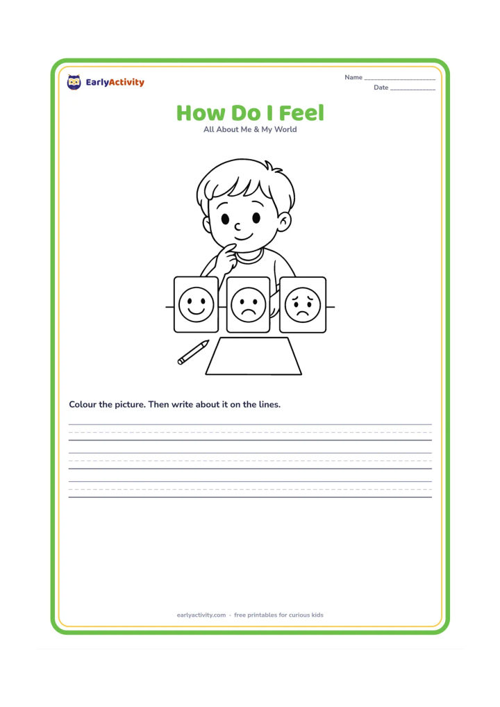 Worksheet: A child sits at a table choosing between three large blank face cards showing happy, sad and worried expressions. Add a pencil and an empty worksheet area on the table.