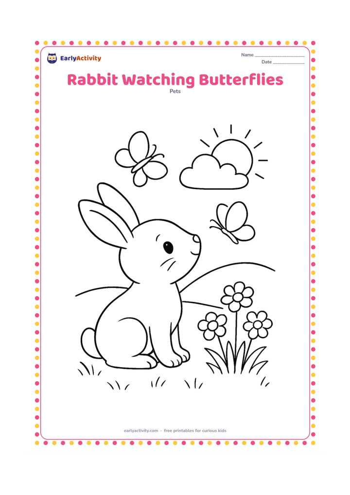 Colouring page: A seated rabbit looks up at two butterflies flying above a patch of flowers. Add grass, a low hill and a sun partly behind a cloud.
