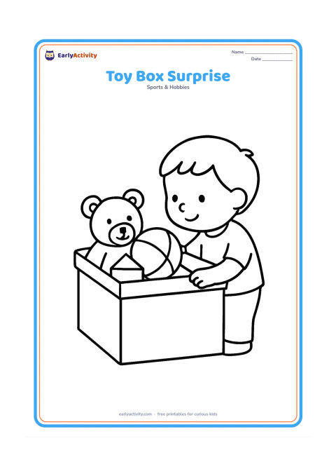 Colouring page: A large open toy box with a teddy bear, ball and building block partly visible inside, while a child looks into the box. Keep the box front broad and plain.