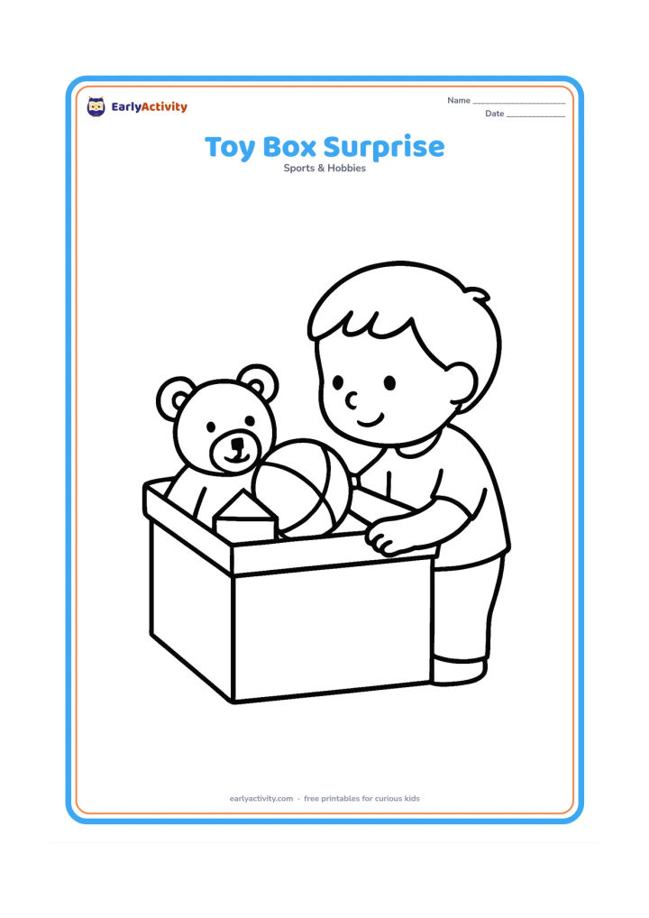 Colouring page: A large open toy box with a teddy bear, ball and building block partly visible inside, while a child looks into the box. Keep the box front broad and plain.