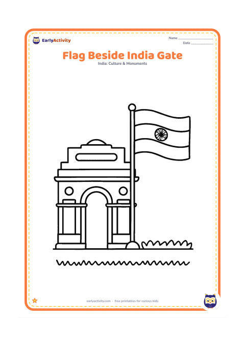 Colouring page: Draw India Gate with one tall flagpole beside it and a waving Indian flag, plus a simple strip of grass below. The flag may include its central wheel symbol but no words.