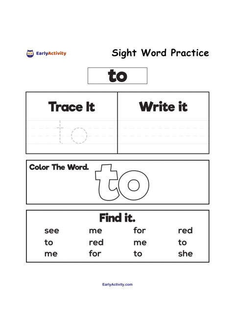 Worksheet featuring the sight word “to” for tracing, writing, colouring and finding among other short words.