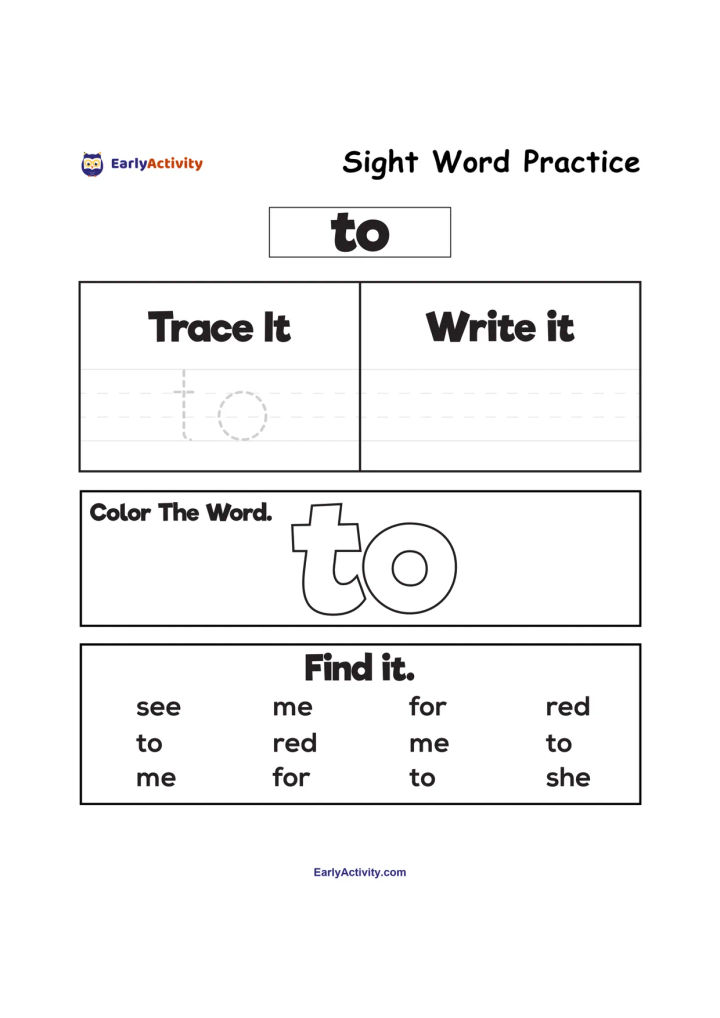 Worksheet featuring the sight word “to” for tracing, writing, colouring and finding among other short words.