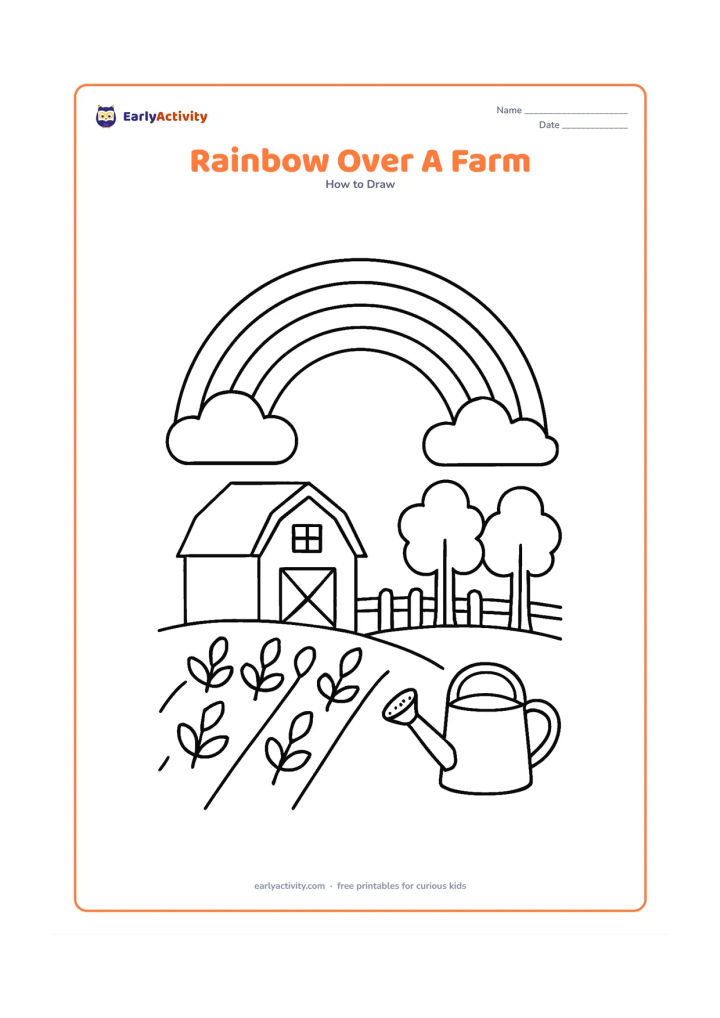 Worksheet: A rainbow arches over a farm landscape with a small barn, fence, vegetable rows, two trees and a watering can. Use open, clearly separated areas for colouring and keep the sky uncluttered.