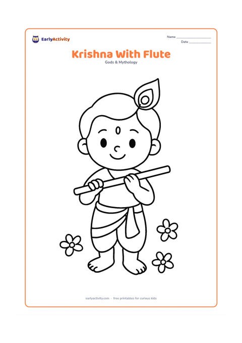 Colouring page: Draw Krishna standing and holding a flute across his body, with one peacock feather and a few simple flowers around his feet. Keep the composition centered and leave the flute as a…