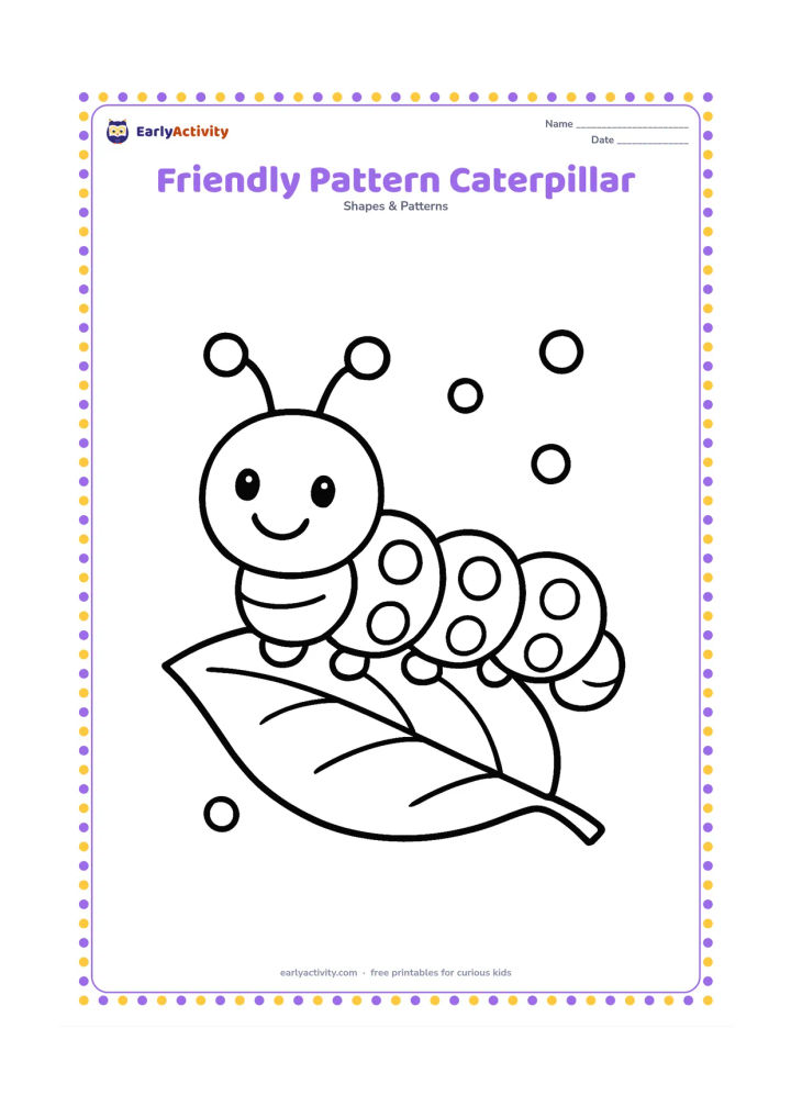 Colouring page: Draw a smiling caterpillar with a row of large round body sections decorated in a repeating circle-and-line pattern. Place it on a broad leaf with a few simple dots in the background.