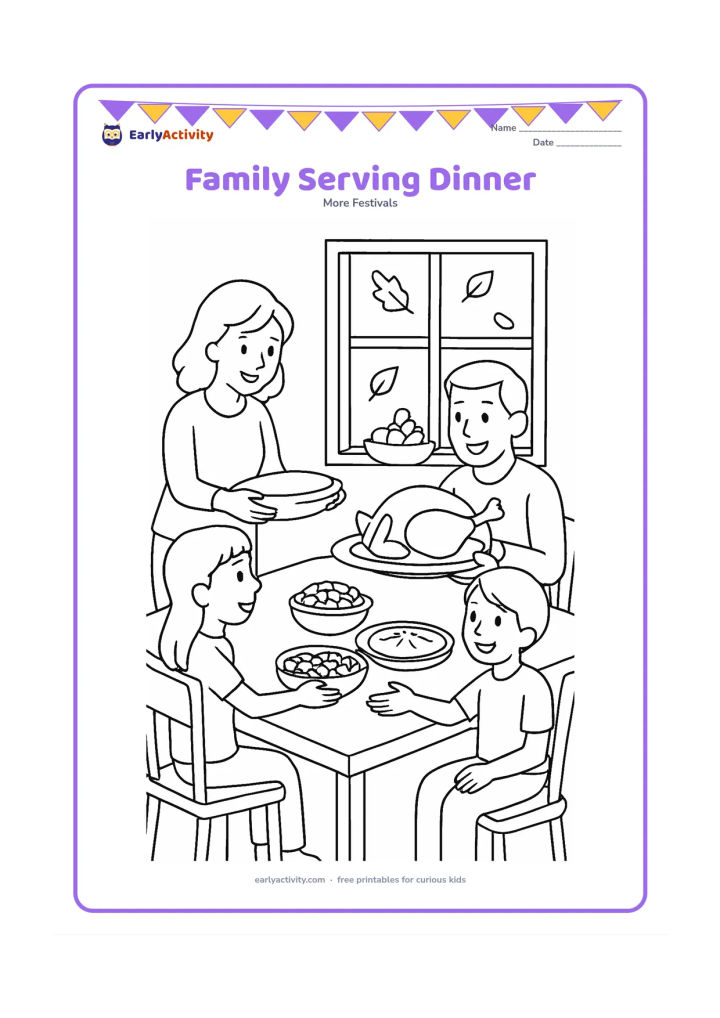 Colouring page: A family passes serving dishes around a dining table with a turkey, corn, pumpkin and pie visible. Add simple chairs, a window showing falling leaves and a bowl of fruit.