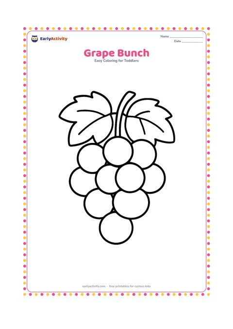 Colouring page: Draw one large bunch of round grapes hanging from a short stem with two broad leaves. Leave clear spaces between the grapes and place the bunch against an empty background.