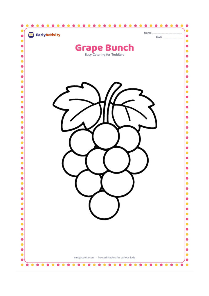 Colouring page: Draw one large bunch of round grapes hanging from a short stem with two broad leaves. Leave clear spaces between the grapes and place the bunch against an empty background.