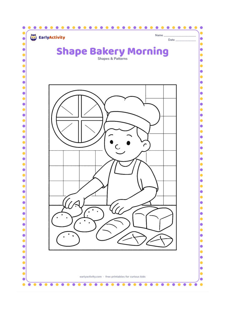 Colouring page: Draw a baker arranging circular buns, rectangular bread loaves and triangular pastries on a counter, with a round window, square tiles and a simple apron. Show warm morning light through…