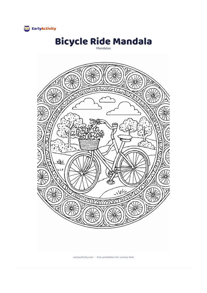 Colouring page: Place an upright bicycle at the centre of a circular mandala, with a basket of flowers, a winding path, trees, clouds, and repeating wheel-like borders around it. Show the bicycle as…