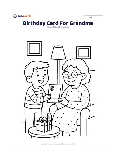 Worksheet: Show a child presenting a handmade card to a smiling grandmother in a living room, with a gift, a small cake and family photographs whose frames contain no pictures or writing. The card…
