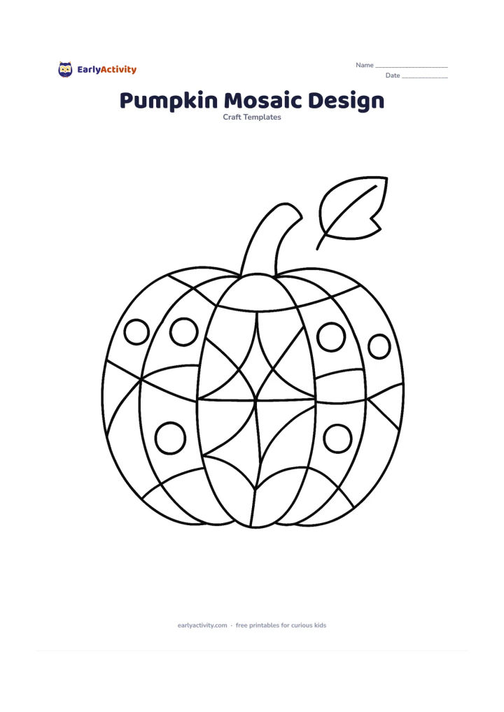 Worksheet: A large pumpkin is divided into many broad tile-like sections containing alternating curved, triangular, and circular decoration areas. Add a separate stem and leaf beside it for a…