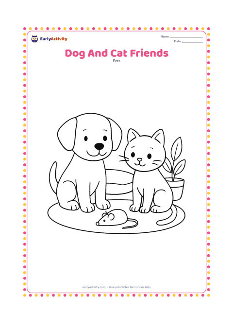 Colouring page: Draw a friendly dog and cat sitting side by side, both looking at a shared toy mouse placed between them. Add a rug, a low cushion, and a simple indoor plant.
