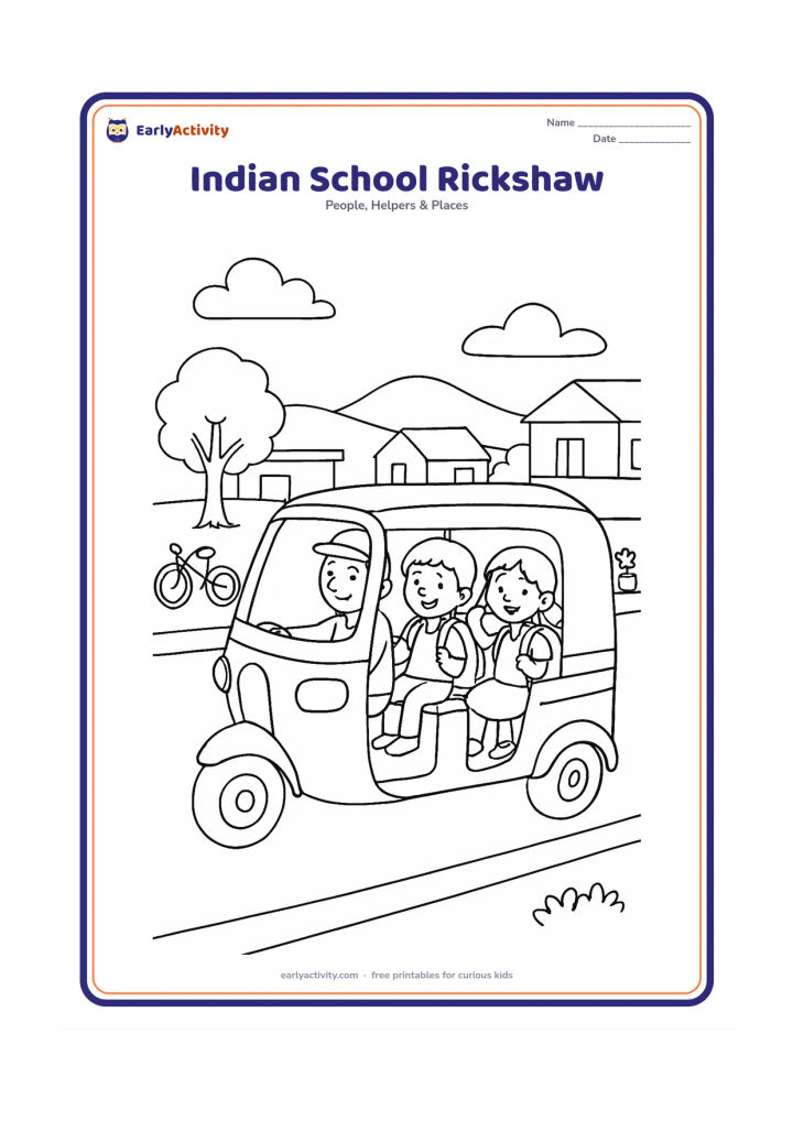 Colouring page: A cheerful auto-rickshaw carries two children with school bags along a neighborhood street, with a driver looking ahead. Include a small roadside tree, a bicycle, low homes, flower pots…