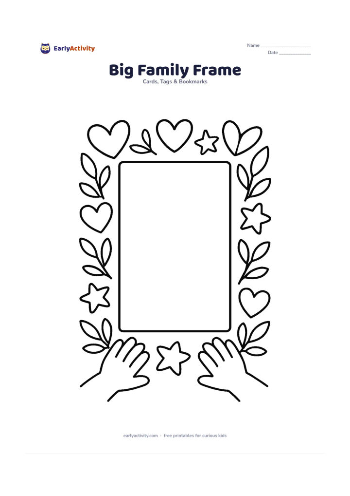 Worksheet: Draw a large decorative frame with hearts, stars and leaves around a completely empty centre where a child can draw the family or caring adult. Add two small hands holding the lower…